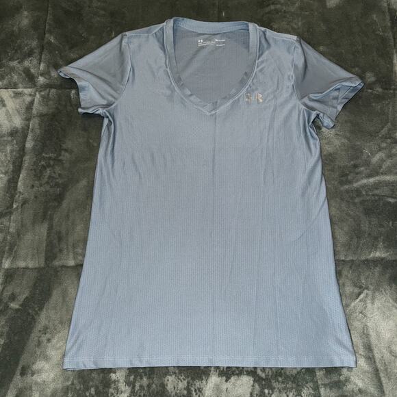 Under Armour UA Tech T-Shirt Womens Small Gray Deep V-Neck Short Sleeve Heatgear - Picture 1 of 7